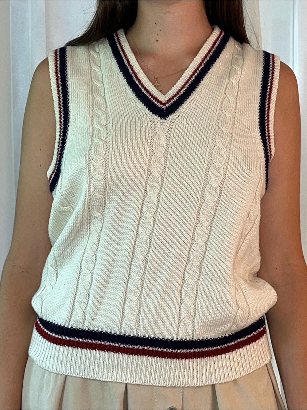 Ada Cream Cable Knit V-Neck Sweater Vest with Navy & Red Trim